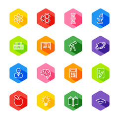 white line education and science icon set on colorful hexagon with shadow for web design, user interface (UI), infographic and mobile application (apps)