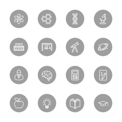line education and science icon set on gray circle for web design, user interface (UI), infographic and mobile application (apps)