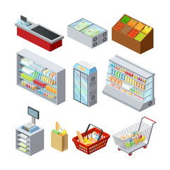 Naklejka premium Isometric Supermarket Icons Set 