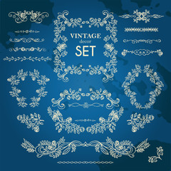 Set vector hand drawn calligraphic element for creating invitations, greetings, cards.Vintage patterned frame. The composition of flowers, buds, leaves and twigs in the style of art Deco