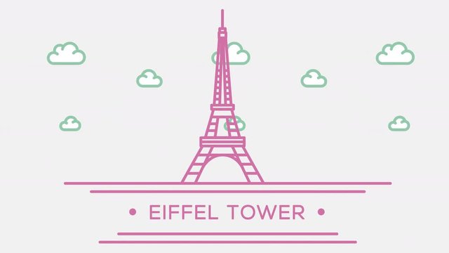 Eiffel tower in Paris. Part of the set. Animated outlined landmark 4K footage