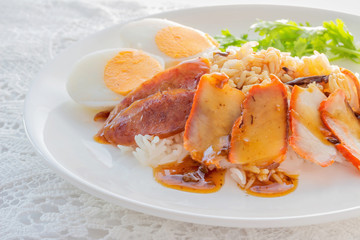 Barbecued red pork in sauce with rice,thaifood