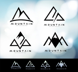 Retro Vintage Mountain Logo with blurred background. Mountain Linear Logo Design.