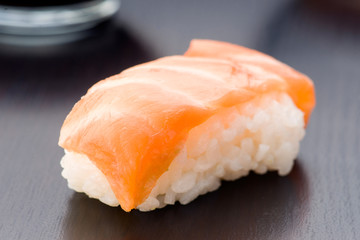 Japanese sushi rice and salmon, based on classical wood