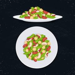 Fresh salad from beans, french beans and chickpea on blackboard. Salad top view and salad side view. Healthy food concept. Salad on plate vector illustration for menu design.
