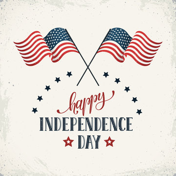 Happy Independence Day. Flags of USA with text on retro background. USA Independence Day banner in vintage style.