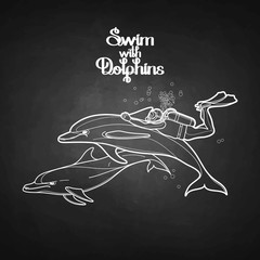 Graphic scuba diver riding the dolphin