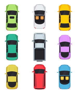 Cars top view, convertible, sedan, pickup, minivan.