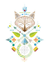 Fuchsjagd - Grafisches Muster mit Fuchskopf,Zielscheibe,Pfeile,Blätter und Blüten