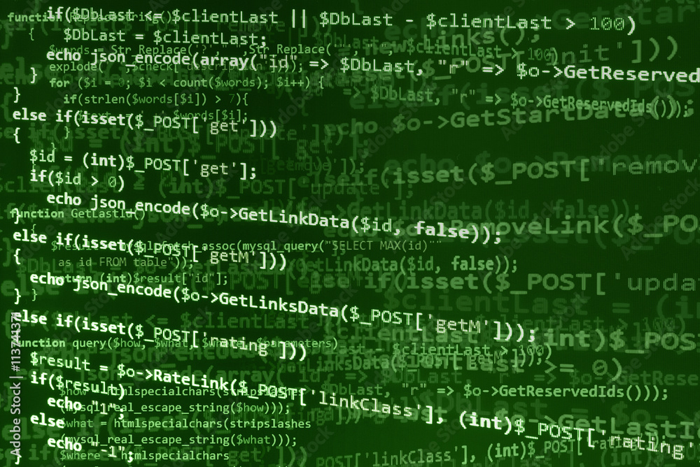 Poster programming code on green screen, green text