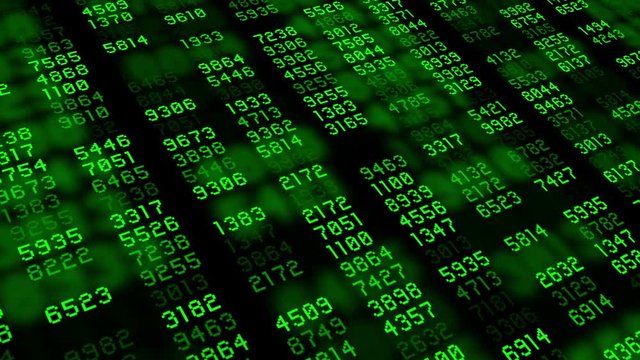 Computer data stream of green numbers running over monochrome screen