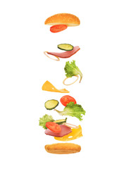 burger with flying ingredients on white background
