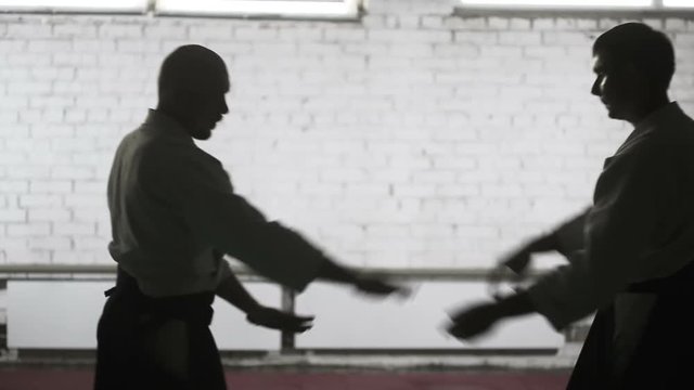athletes in a kimono demonstrating martial arts techniques. martial arts