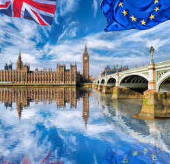 Naklejka premium European Union and British Union flag flying against Big Ben in London, England, UK, Stay or leave, Brexit