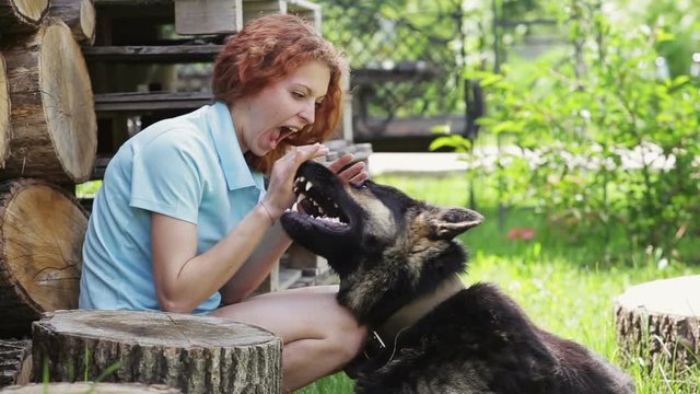 Woman with her beautiful dog resting outdoors