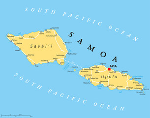 Samoa political map with capital Apia and important places. Formerly known as Western Samoa, part of Samoan Islands, with main islands Savaii and Upolu. English labeling and scaling. Illustration.