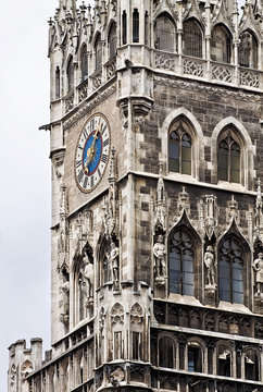 Munich, Germany - detail of the New Town Hall clock tower in Gothic revival architecture