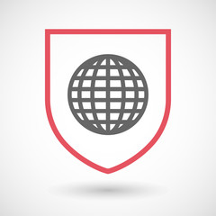 Isolated line art shield icon with a world globe