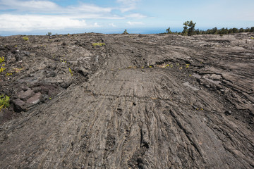 Pahoehoe lava leading to the horizon. The ropy structure creates lines that lead to the horizon.