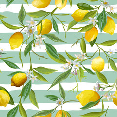 Seamless Pattern. Lemon Fruits Background. Floral Pattern. 
