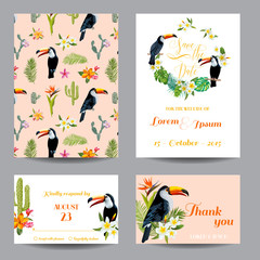 Save the Date. Wedding Card.  Tropical Flowers. Toucan Bird.
