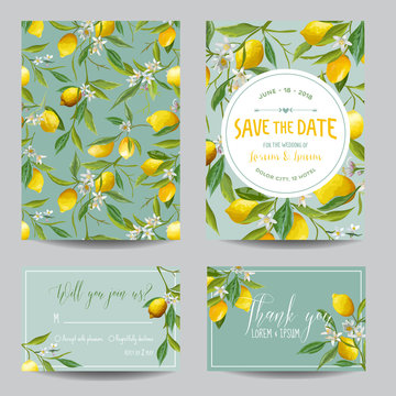 Save the Date Card. Lemon, Leaves and Flowers. Wedding Card. Invitation Cards