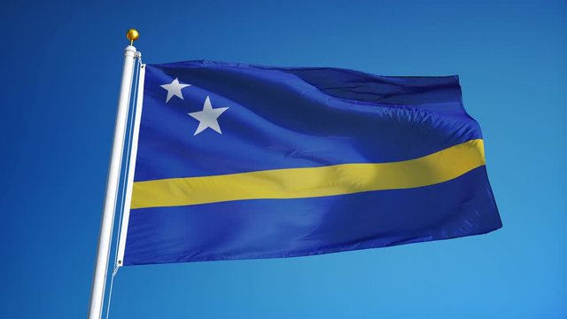 Cura&ccedil;ao flag waving in slow motion against blue sky, seamlessly looped, close up, isolated on alpha channel with black and white luminance matte, perfect for film, news, digital composition