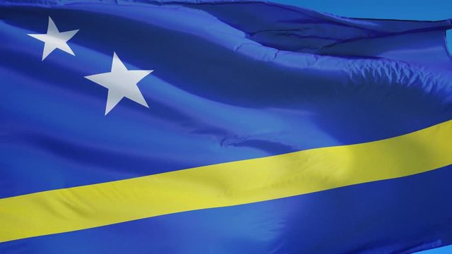 Cura&ccedil;ao flag waving in slow motion against blue sky, seamlessly looped, close up, isolated on alpha channel with black and white luminance matte, perfect for film, news, digital composition