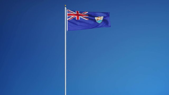 Anguilla flag waving in slow motion against clean blue sky, seamlessly looped, long shot, isolated on alpha channel with black and white luminance matte, perfect for film, news, digital composition