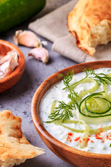 Greek salad tzatziki of cucumber, yogurt , olive oil, garlic.