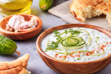 Greek salad tzatziki of cucumber, yogurt , olive oil, garlic.