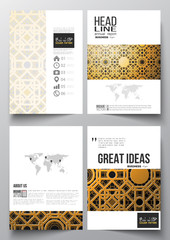 Set of business templates for brochure, magazine, flyer, booklet or annual report. Islamic golden vector texture, geometric pattern, abstract ornament. Beautiful background with arabic calligraphy