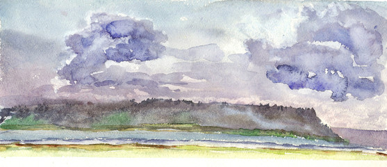 clouds, lake, beach, watercolor
