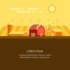 Farm, barn, grain field, windmills and sunrise landscape. Colored flat vector illustration with a field for text on bottom