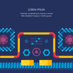 Colored flat vector illustration with screws, bolts, coils, assembly line mechanism symbolizing workflow. On blue background. With a place for text or comments on top