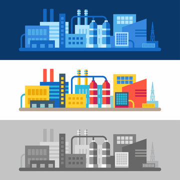A set of three horizontal flat vector colored and monochrome in gray and blue illustrations with scenes of factory buildings