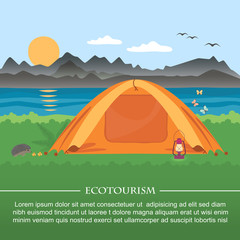 Vector illustration of  meadow with a tent on a background of mountains and lakes . Flat style .