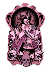 Vector illustration of a beautiful woman. Chicano tattoo style.