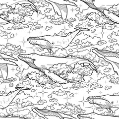 Graphic whales flying in the sky