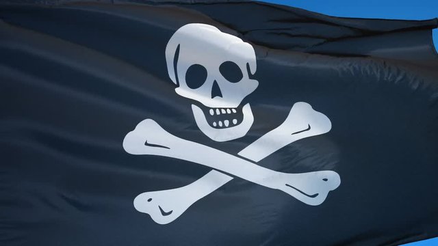 Pirate flag waving in slow motion against clean blue sky, seamlessly looped, close up, isolated on alpha channel with black and white luminance matte, perfect for film, news, digital composition