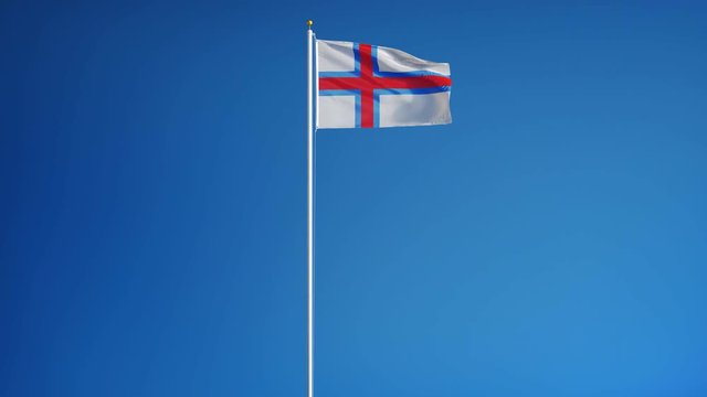 Faroe Islands flag waving in slow motion against clean blue sky, seamlessly looped, long shot isolated on alpha channel with black and white luminance matte, perfect for film, news digital composition