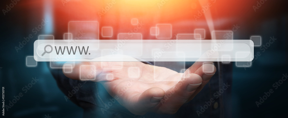 Poster man using web address bar to surf on internet