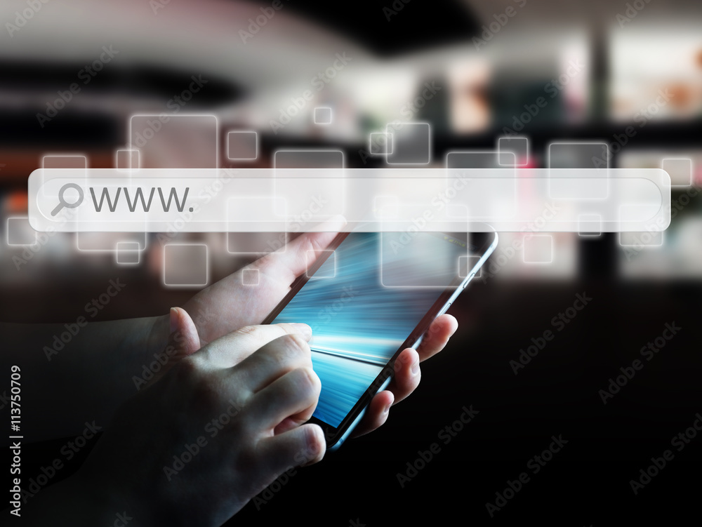 Poster man using web address bar to surf on internet