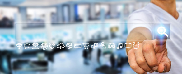 Man surfing on internet with digital tactile web address bar