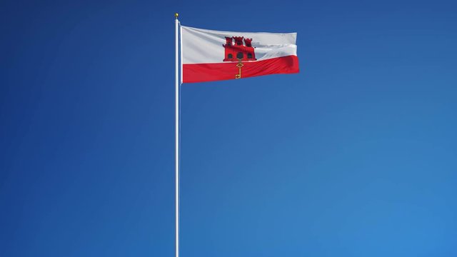 Gibraltar flag waving in slow motion against clean blue sky, seamlessly looped, long shot, isolated on alpha channel with black and white luminance matte, perfect for film, news, digital composition