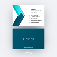 Business card template with abstract arrow in flat, material sty