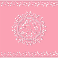 white lace with heart and leaves on a pink background . vector