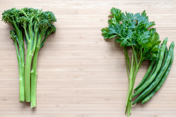 Top flat lay view of fresh organic vegetables