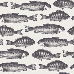 Vector Sea life illustration. Hand drawn Fish background. Vintage sea life sketch. Seamless fish pattern.