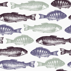 Vector Sea life illustration. Hand drawn Fish background. Vintage sea life sketch. Seamless fish pattern.